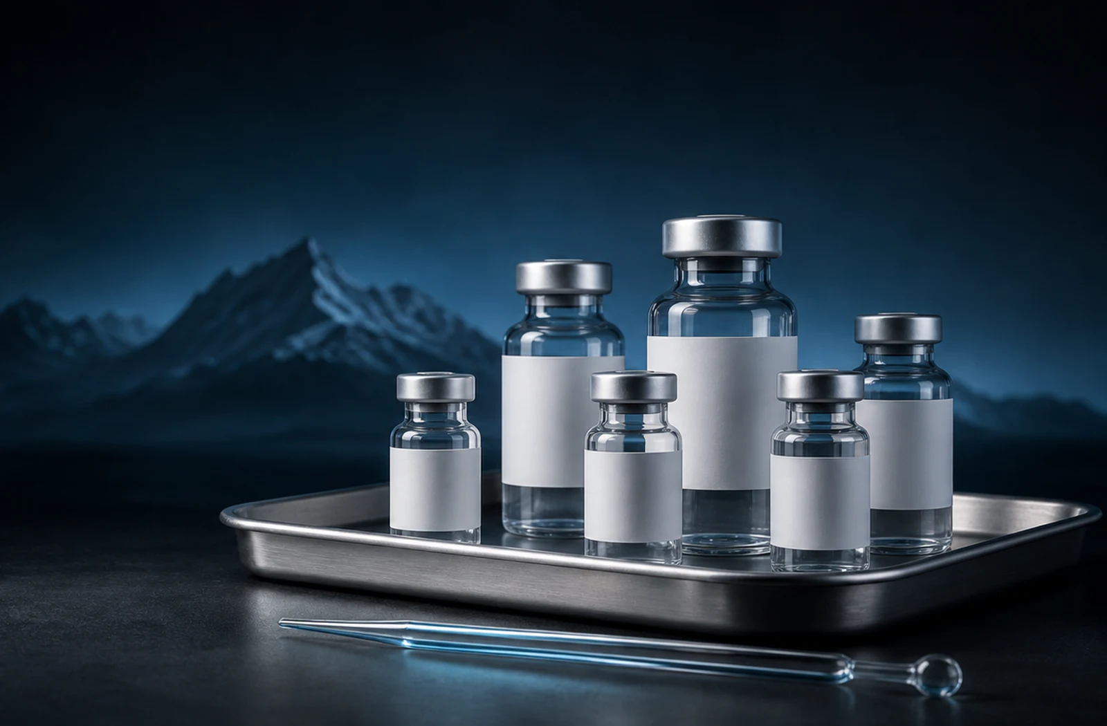 Detailed view of clear laboratory vials on a stainless steel tray