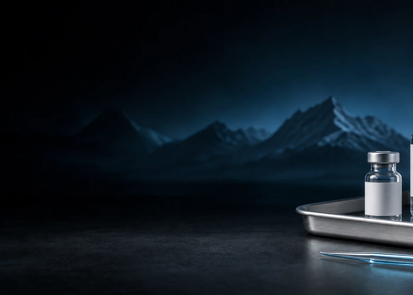 Dark mountain forms under a cool blue laboratory light